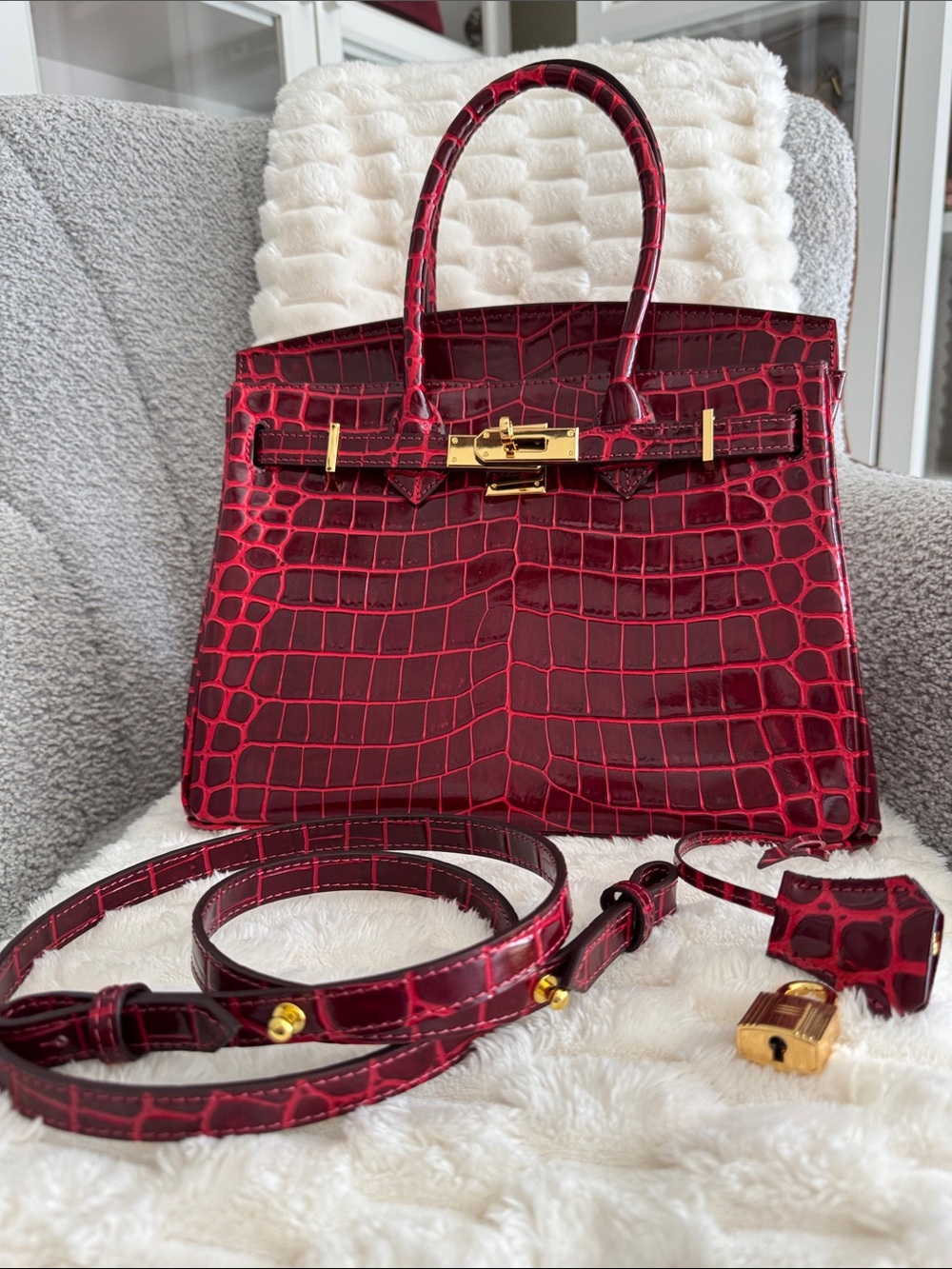 Burgundy Croc-Embossed Leather Tote Bag with Gold Hardware, 30 cm